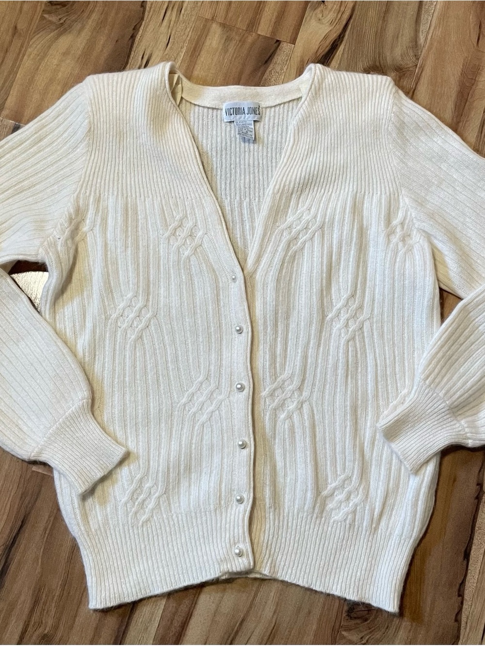 VTG Victoria Jones V-Neck Diamond Knit Pearl Button Fuzzy Cardigan GrandmaCore S